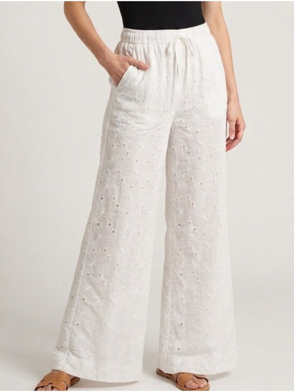Esqualo White Eyelet Wide-Leg Pants